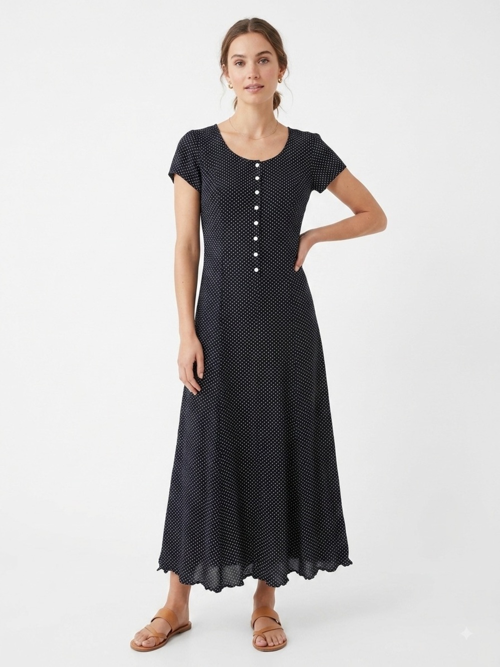 Vintage JG Hook Black Polka-Dot Button-Front Maxi Dress